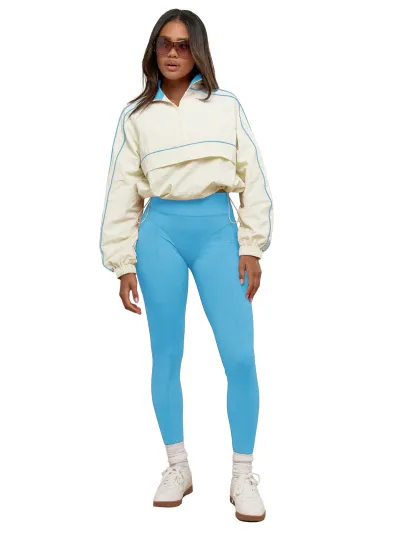 Women Athleisure Lapel Long-Sleeve Drawstring Top Tight Waist Pants Two-Piece Set
