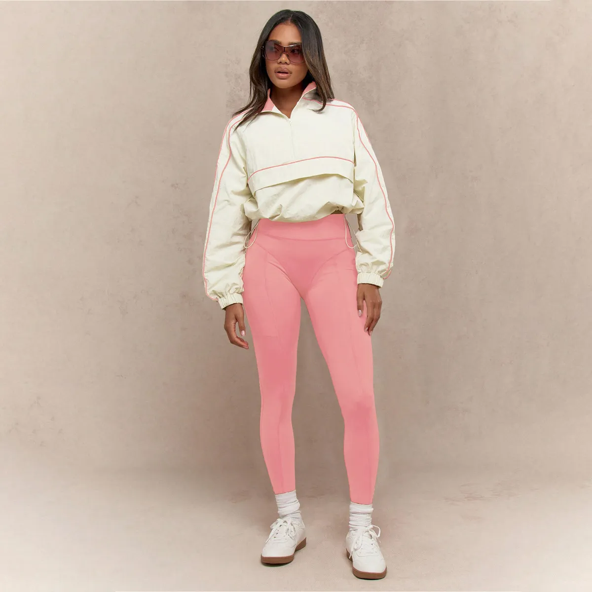 Women Athleisure Lapel Long-Sleeve Drawstring Top Tight Waist Pants Two-Piece Set