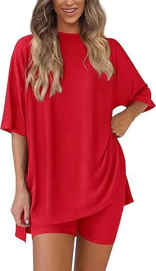 Women Casual Solid Color Short-Sleeve T-Shirt Tight Shorts Two-Piece Set