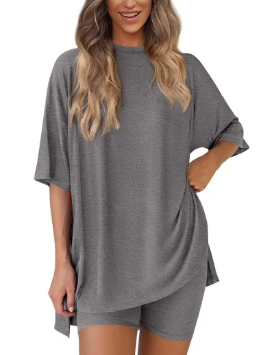Women Casual Solid Color Short-Sleeve T-Shirt Tight Shorts Two-Piece Set