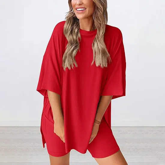 Women Casual Solid Color Short-Sleeve T-Shirt Tight Shorts Two-Piece Set
