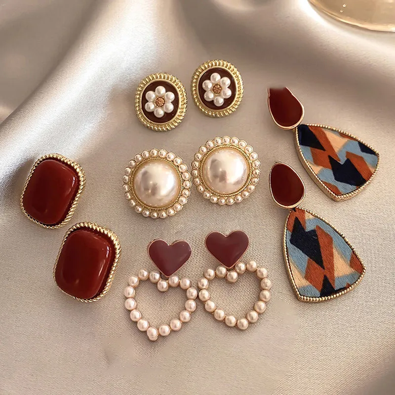 Women's Fashion Retro Acrylic Imitation Pearl Earrings 5-Pair Set Geometric Design