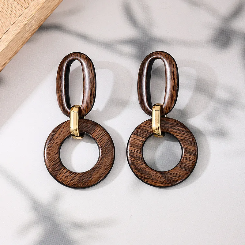 Women Fashion Retro Geometric Round Wood Texture Resin Earrings