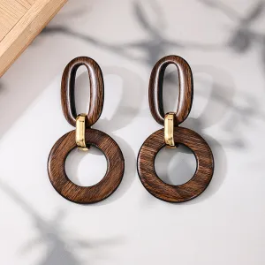 Women Fashion Retro Geometric Round Wood Texture Resin Earrings
