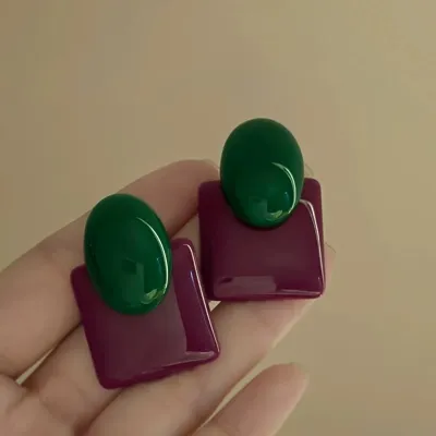 Women Fashion Retro Contrast Color Resin Square Earrings