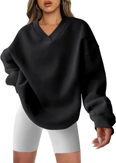 Women Loose Fit V-Neck Pullover Sweatshirt - Street Hipster Style, Polyester Material, Long Sleeve