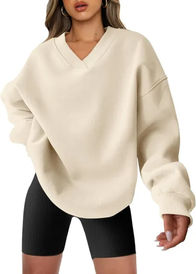 Women Loose Fit V-Neck Pullover Sweatshirt - Street Hipster Style, Polyester Material, Long Sleeve