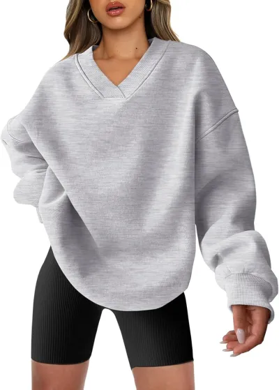 Women Loose Fit V-Neck Pullover Sweatshirt - Street Hipster Style, Polyester Material, Long Sleeve