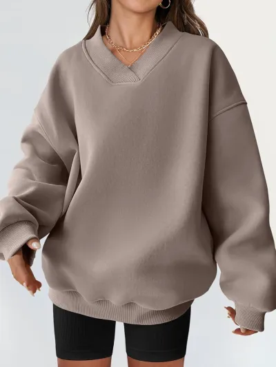 Women Loose Fit V-Neck Pullover Sweatshirt - Street Hipster Style, Polyester Material, Long Sleeve