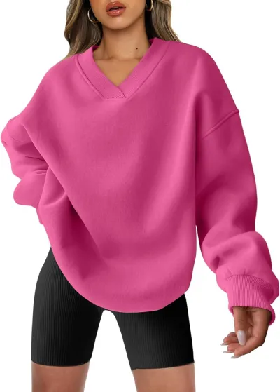 Women Loose Fit V-Neck Pullover Sweatshirt - Street Hipster Style, Polyester Material, Long Sleeve