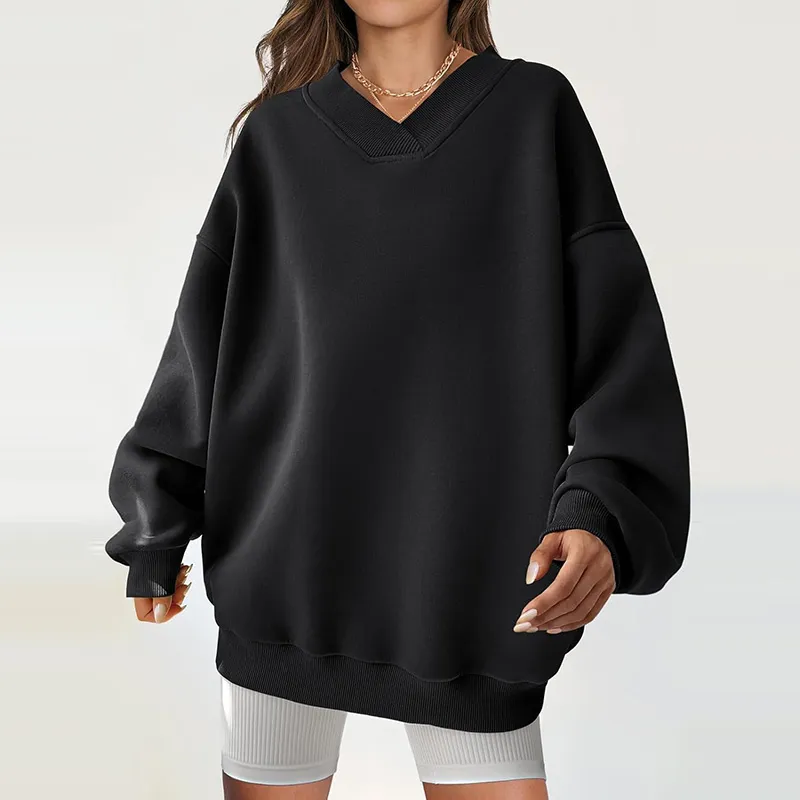 Women Loose Fit V-Neck Pullover Sweatshirt - Street Hipster Style, Polyester Material, Long Sleeve