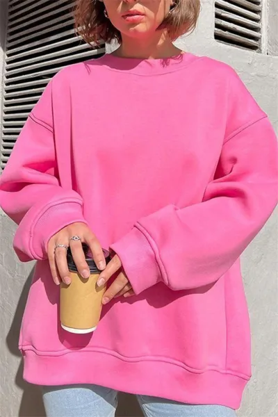Fall Winter Solid Color Round Neck Loose Long Sleeve Sweatshirt