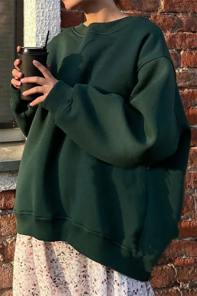 Fall Winter Solid Color Round Neck Loose Long Sleeve Sweatshirt