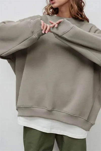 Fall Winter Solid Color Round Neck Loose Long Sleeve Sweatshirt