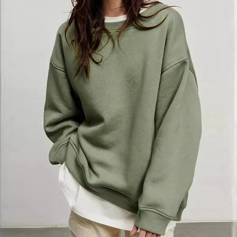 Fall Winter Solid Color Round Neck Loose Long Sleeve Sweatshirt
