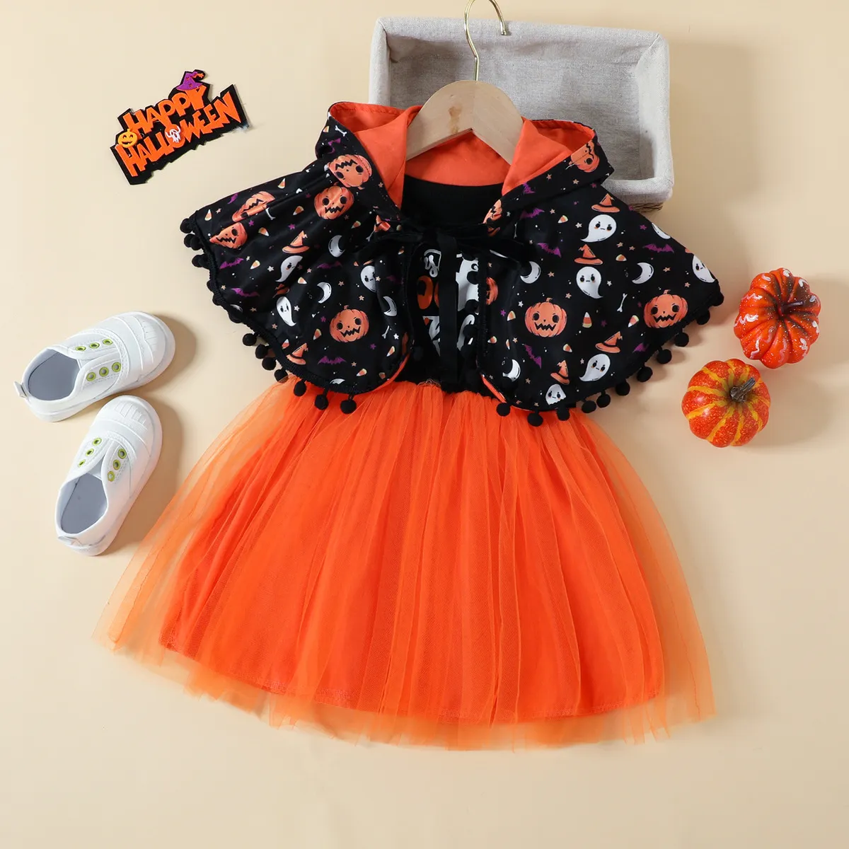 Halloween Girls Cartoon Print Cape Mesh Dress Set