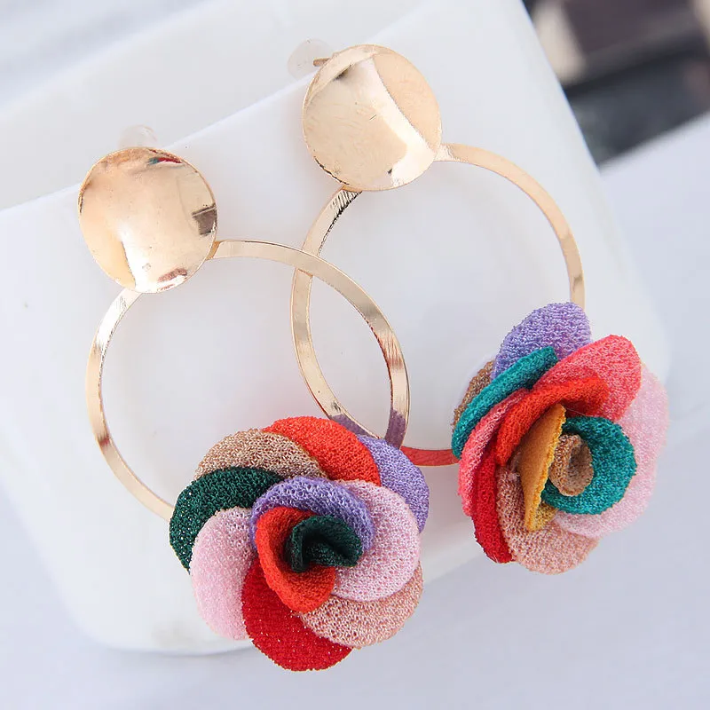 Women Fashion Metal Flower Fabric Earrings