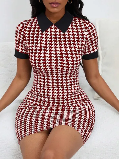 Women Fashion Houndstooth Short Sleeve Polo Collar Bodycon Dress