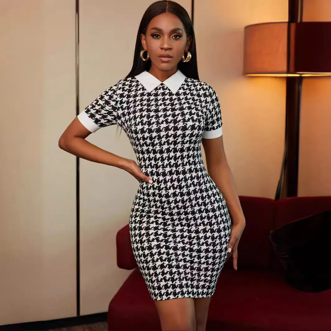 Women Fashion Houndstooth Short Sleeve Polo Collar Bodycon Dress