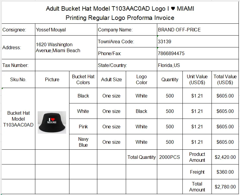 Adult Bucket Hat Model T103AAC0AD Logo I ♥ MIAMI With Printing Regular Logo