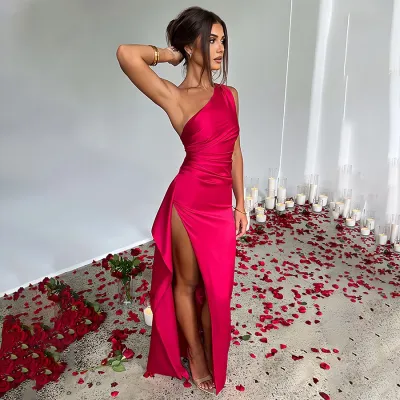 Women Fashion Sexy Solid Color Satin Slanted Shoulder Sleeveless Slim-Fit Split Maxi Dress