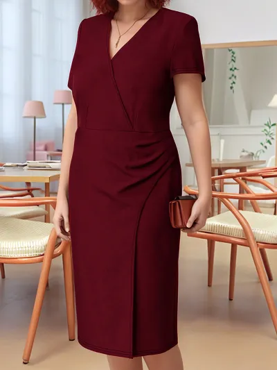 Women Plus Size Casual V-Neck Short Sleeve Slim Fit A-Line Dress Solid Color