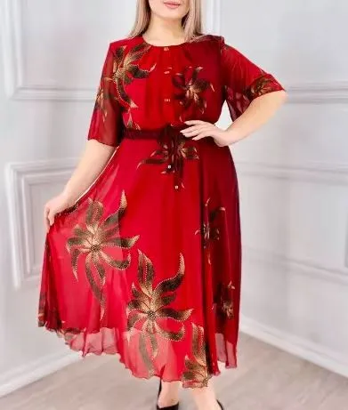 Women Plus Size Floral Printed Short Sleeve Loose Midi Dress