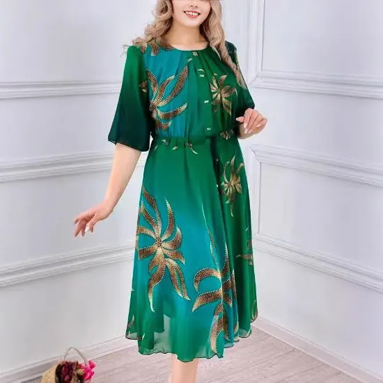 Women Plus Size Floral Printed Short Sleeve Loose Midi Dress