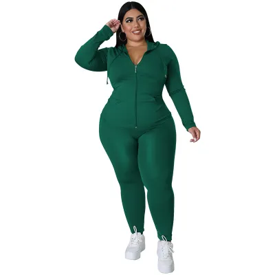 Women Plus Size Athleisure Solid Color Long Sleeve Hoodie and Tight Pants Set