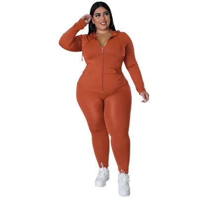 Women Plus Size Athleisure Solid Color Long Sleeve Hoodie and Tight Pants Set
