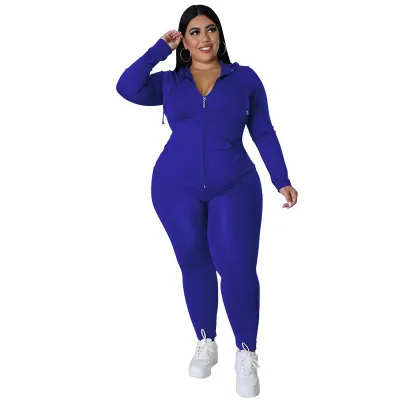 Women Plus Size Athleisure Solid Color Long Sleeve Hoodie and Tight Pants Set