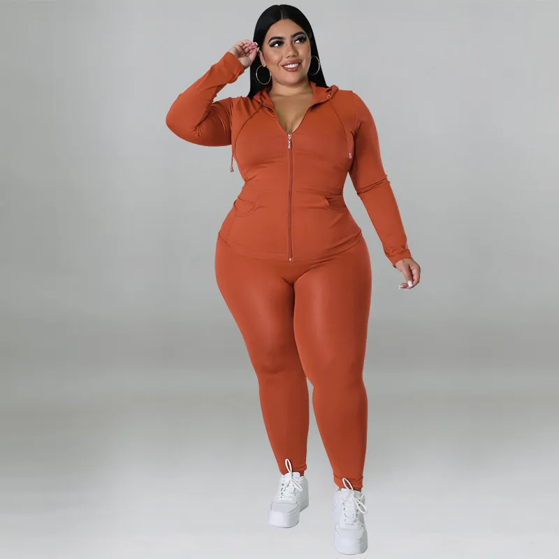 Women Plus Size Athleisure Solid Color Long Sleeve Hoodie and Tight Pants Set