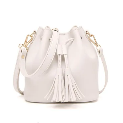 Women Fashion Tassel Drawstring PU Bucket Shoulder Bag Street Trend
