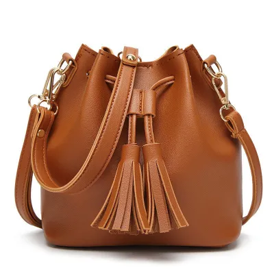 Women Fashion Tassel Drawstring PU Bucket Shoulder Bag Street Trend