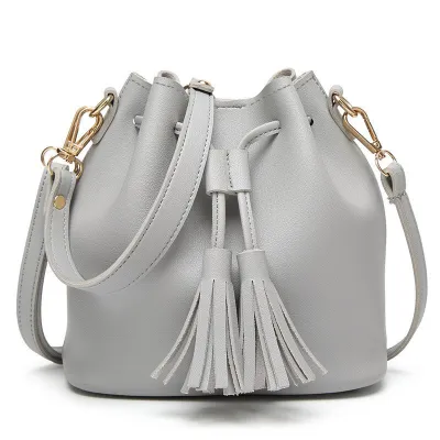 Women Fashion Tassel Drawstring PU Bucket Shoulder Bag Street Trend