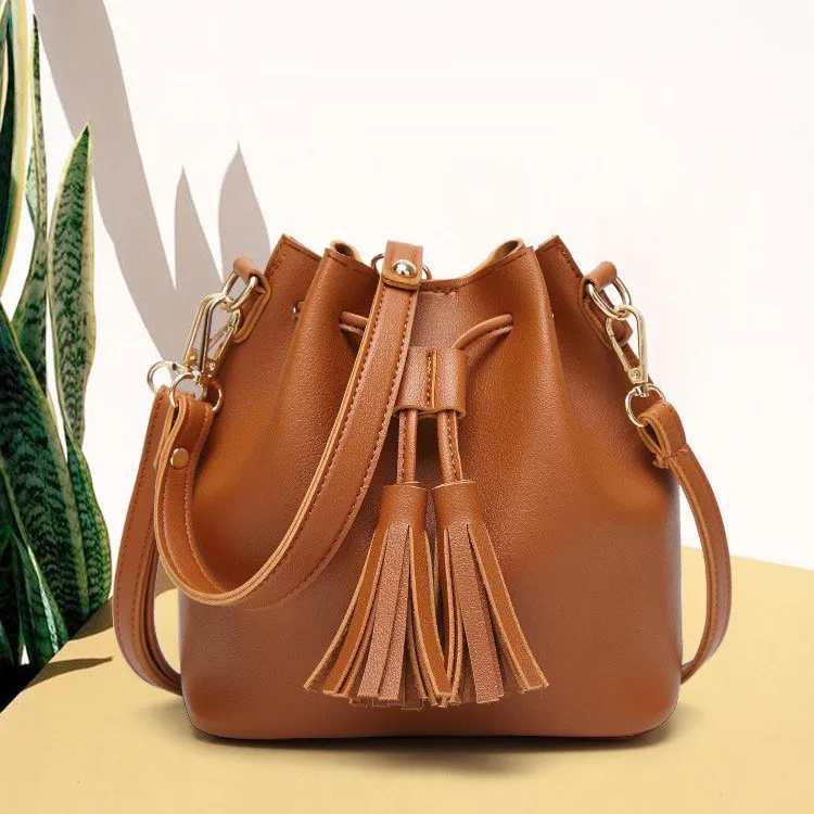Women Fashion Tassel Drawstring PU Bucket Shoulder Bag Street Trend