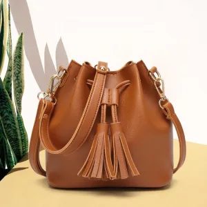Women Fashion Tassel Drawstring PU Bucket Shoulder Bag Street Trend