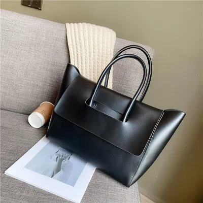 Large Capacity Women PU Tote Handbag with Cover Closure Horizontal Square Soft