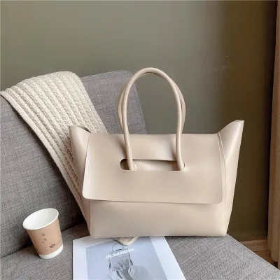 Large Capacity Women PU Tote Handbag with Cover Closure Horizontal Square Soft