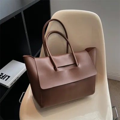 Large Capacity Women PU Tote Handbag with Cover Closure Horizontal Square Soft