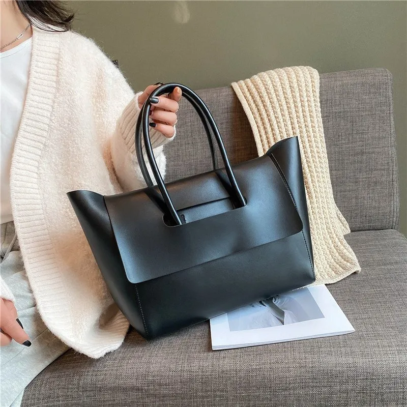 Large Capacity Women PU Tote Handbag with Cover Closure Horizontal Square Soft