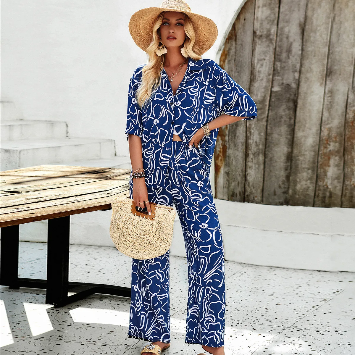 Women Casual Print Shirt And Pants Two-Piece Set For Vacation