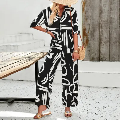 Women Casual Print Shirt And Pants Two-Piece Set For Vacation