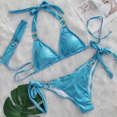 Women Sexy Crystal Halter-Neck Lace-Up Bikini Swimsuit
