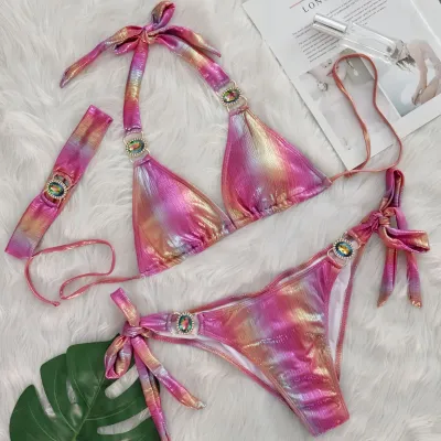 Women Sexy Crystal Halter-Neck Lace-Up Bikini Swimsuit