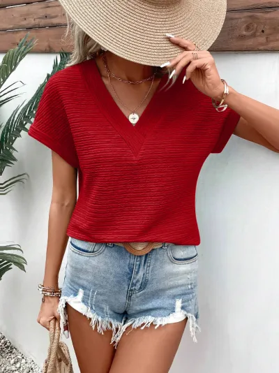 Women Casual Elegant V-Neck Bat Sleeve Loose Fit Polyester T-Shirt