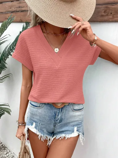 Women Casual Elegant V-Neck Bat Sleeve Loose Fit Polyester T-Shirt