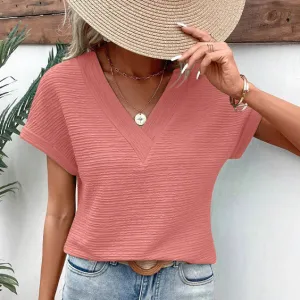 Women Casual Elegant V-Neck Bat Sleeve Loose Fit Polyester T-Shirt