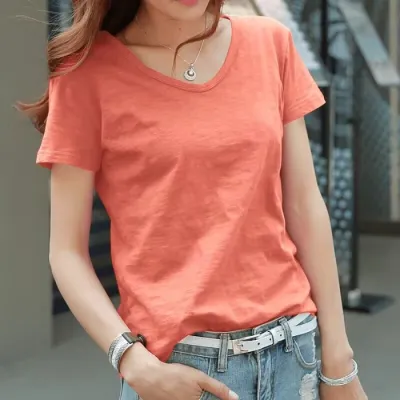Women's Casual Cotton Slub V-Neck Short Sleeve Loose T-Shirt