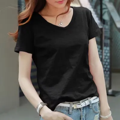 Women's Casual Cotton Slub V-Neck Short Sleeve Loose T-Shirt